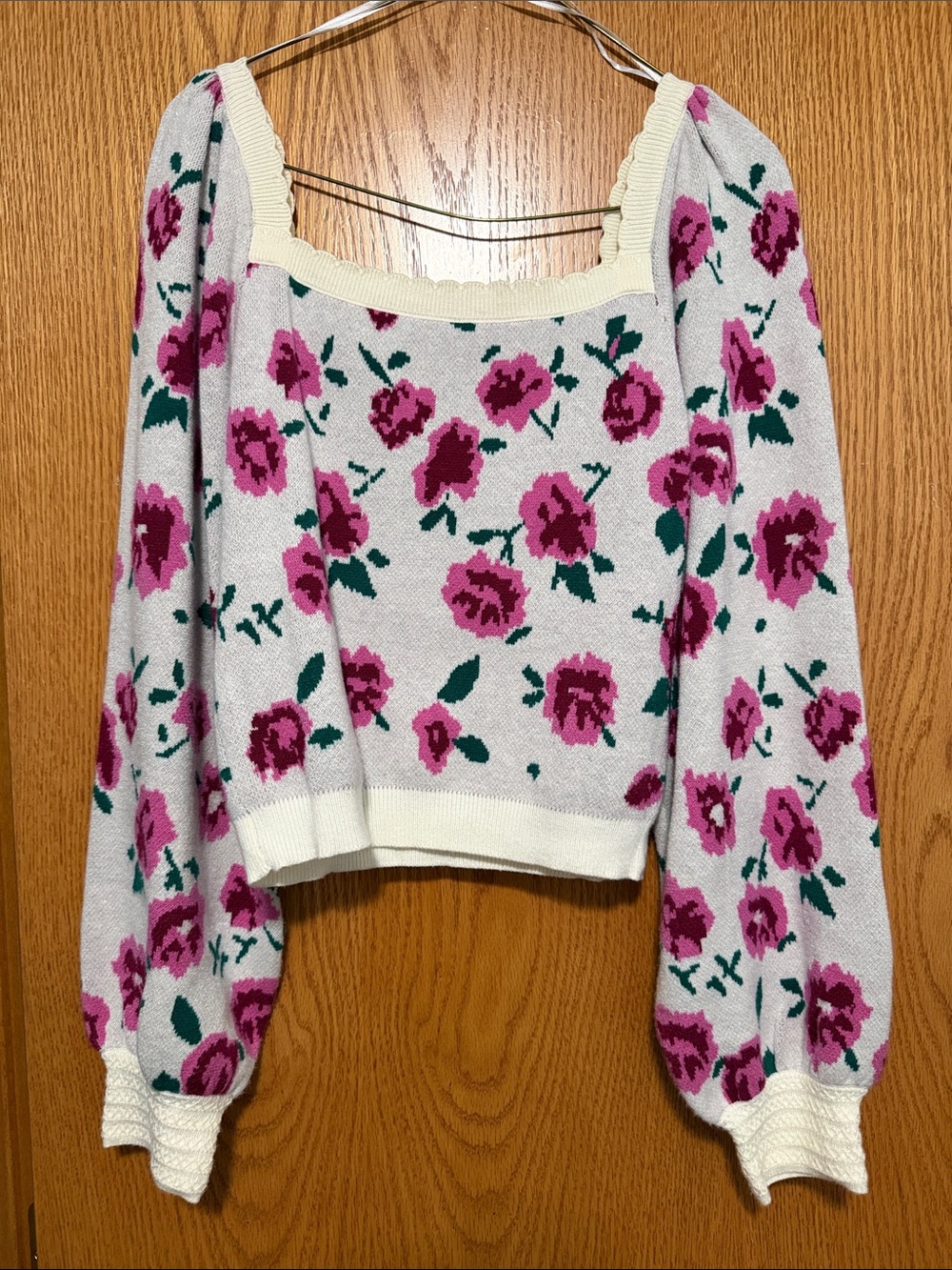 Ivory Floral Puff-Sleeve Sweater